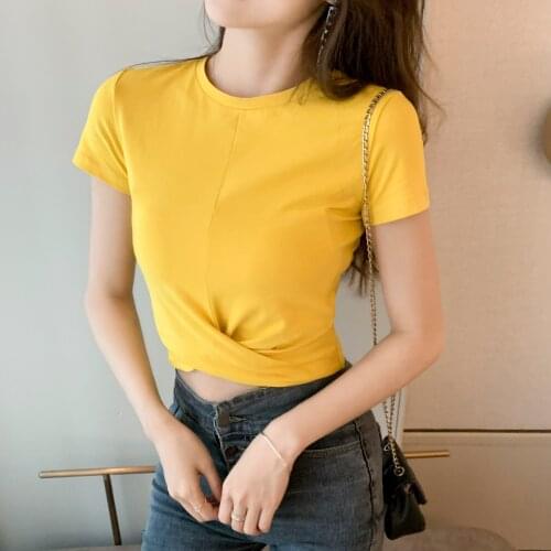 Summer explosion models cotton short-sleeved navel sexy round neck elasticity T-shirt