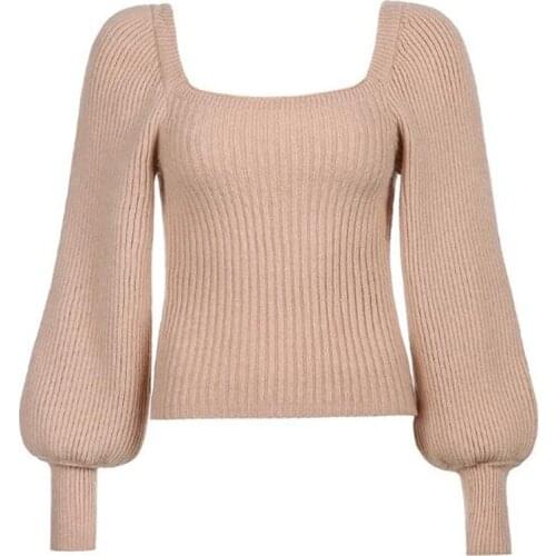 Fashion Sexy Pullover Sweater Women Puff Sleeve Square Neck Leaking Clavicle Slim Short Knitting Shirt OL Office Lady Sweater