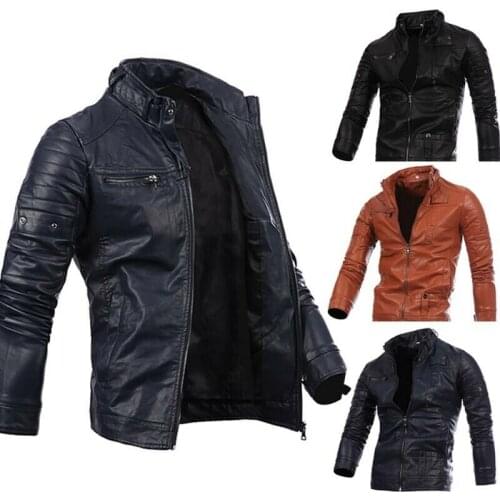 Men PU Leather Jacket Biker Black Motorcycle Slim Zipper Coat Outwear Retro
