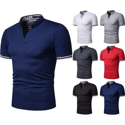 2021 Mens Short Sleeve Polo Fashion Henry Collar Checked Patchwork Mens Polo Shirts with Short Sleeve Tops 6 Colour