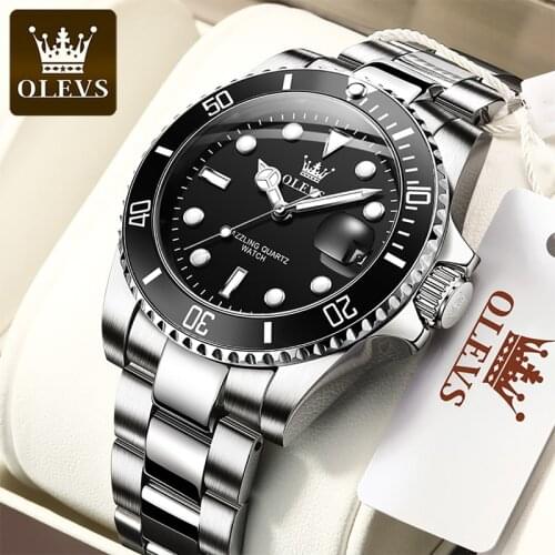 OLEVS 2021 Mens Quartz Watch Luminous Waterproof Green Water Ghost Men Trend Calendar Display Stainless Steel Strap 5885