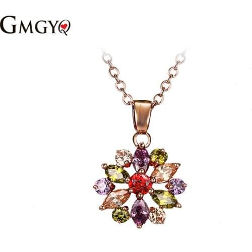 GMGYQ Mona Lisa Sieraden Set Mix Kleur AAA Zirkoon Flower Necklace Oorbel Rose Goud Kleur Koper Sieraden voor Vrouwen Bruid