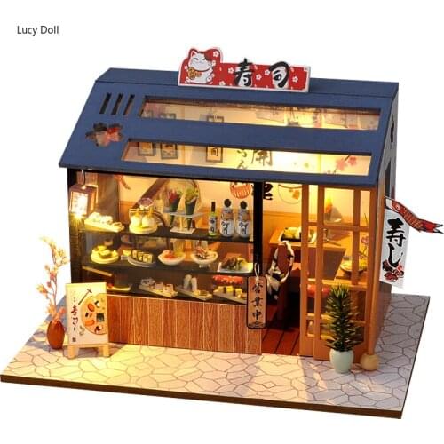 New DIY Sushi Dessert Ice Cream Shop Wooden Dollhouse Miniature Furniture With LED Kits Doll Houses Assemble Toys Kids Gift Casa
