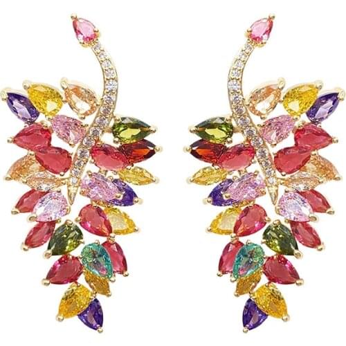 Mixcolor Crystal Leaf Dangler Women Brand Jewelry Shining CZ Stone Temperament Statement Plant Earrings Gold Plated Earring