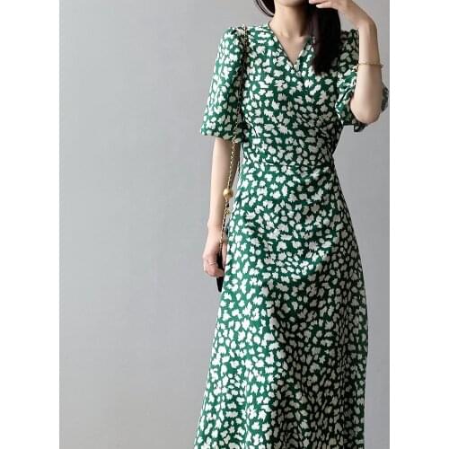 V-neck Floral Dress for Women 2021 Summer New French Style Mori Puff Sleeve Lace-up A- line Skirt