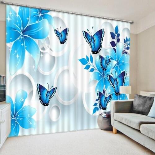 Blue curtains lily flower Curtain Decoration 3D Brief tree Curtains For Bedroom Living room Polyester Room Curtain