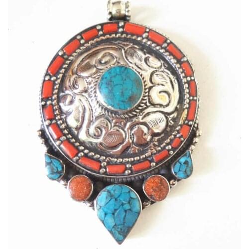TBP570 Tibetan Jewelry Nepal Vintage Pendant Copper Inlay Colorful Stone Pendants