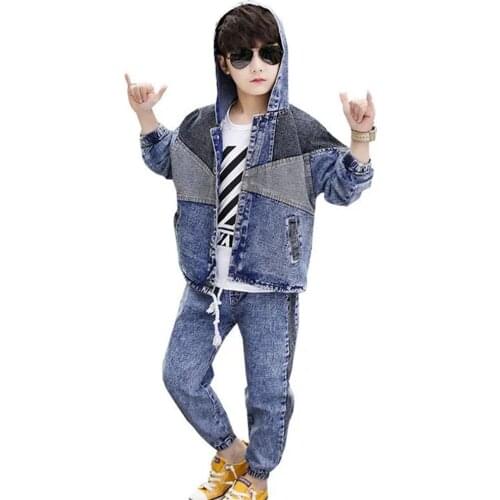 Spring & Autumn Cowboy Boy Sets New 2021 Korean Version Fashion Long Sleeve Hooded Patchwork 2-Piece Casual Childrens Clothing