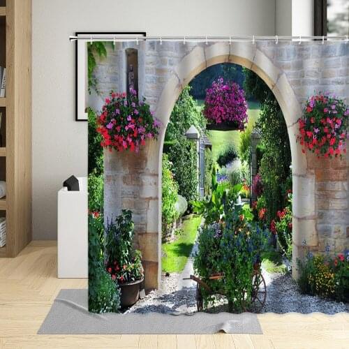 Garden Flower Shower Curtain Green Plants Stone Wall Wooden Door Street Scenery Decorative Cloth Bathroom Curtains Set Polyester