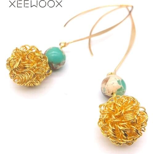 Golden color Big Wire Ball Natural Stone Statement Long Drop Earring For Woman Man Girl XEEWOOX Party 2019 New Design Gift