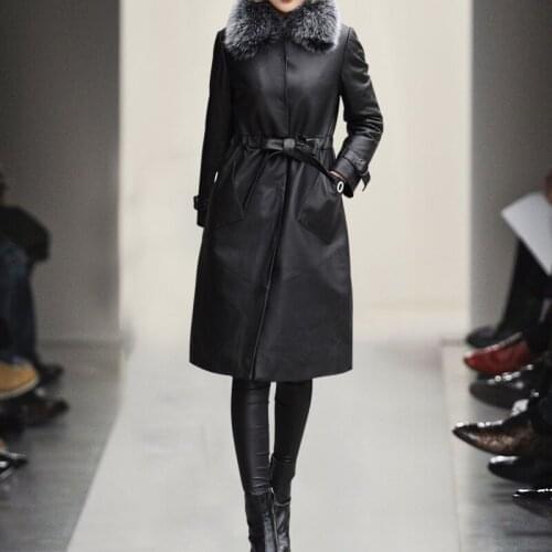 Genuine Natural Fox Fur Collar Hooded Winter Coat Women Long Real Leather Jacket for Womens Clothing YY806