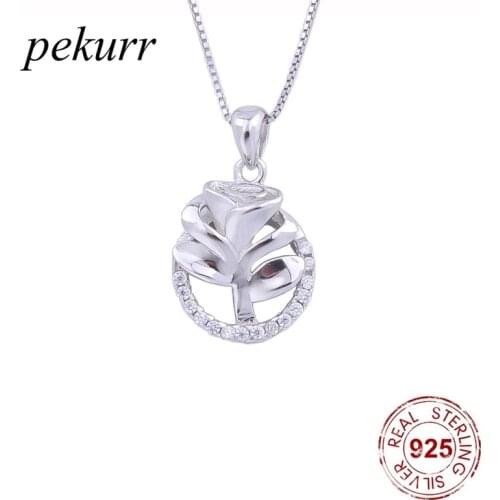 Pekurr 925 Sterling Silver CZ Gems Round Rose Flower Necklace For Women Circle Pendants Collar Wedding Fashion Jewelry Gift