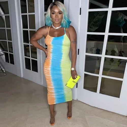 Rainbow Tie Dye Print Summer Mid Calf Dresses for Women Spaghetti Strap Sleeveless Skinny Dress Vintage Backless Party Dresses