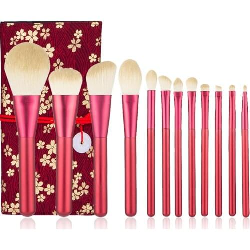 12pcs Red Makeup Brushes Private Label Wool Natural Hair Wholesale Eye Make Up Brush Set Beauty Tool