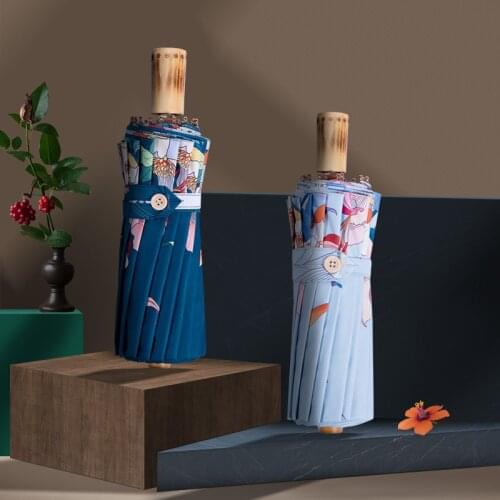 16 k reinforced windproof women sunny and rainy umbrella fashion retro wooden handle three-folding color coating UV sun umbrella
