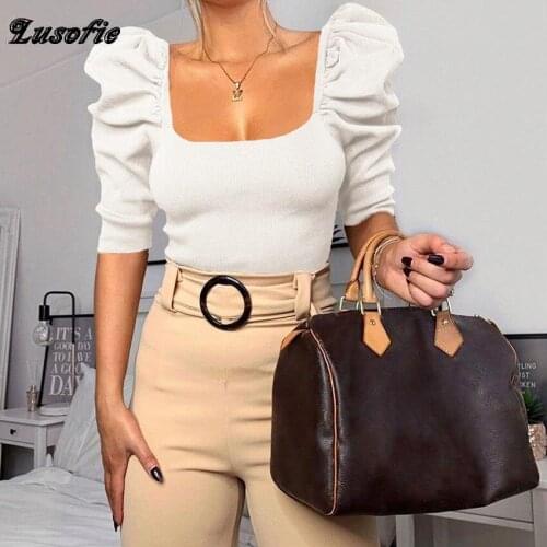 Lusofie Women Basic T Shirts Casual Fashion Base Lady Tops three quarter puff sleeve square neck top Slim New Tee