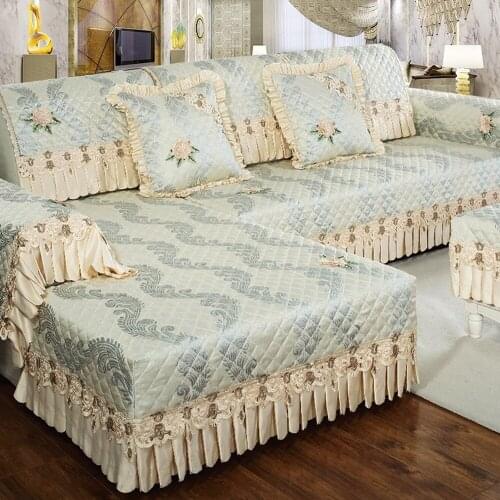 Elegant Luxury Linen Cotton Sofa Cover European Rural Jacquard Lace Sofa Set Pillowcase Cushion Sofa Towel Non-slip Slipcover B5