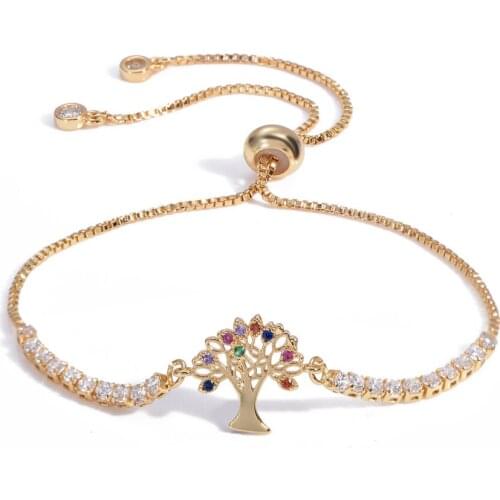 Micro inlaid zircon bracelets Clear Crystal Tree of Life Gold Charm Bracelets Bangles Adjustable Bracelet Jewelry Gifts