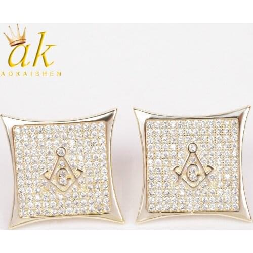 Iced Out Square Masonic Freemasonry Stud Earring Gold Color Cubic Zircon Earrings For Men Hip Hop Jewelry For Gift 15mm