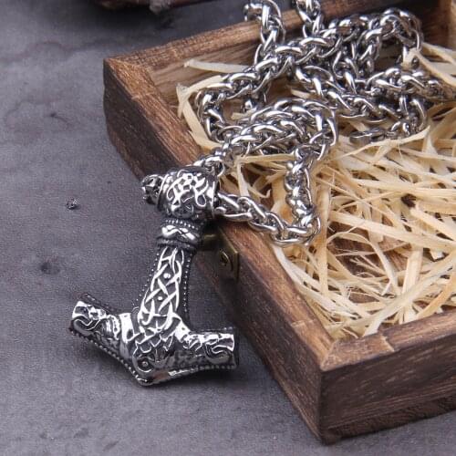 Stainless steel Huge Wolf Thor hammer necklace Mjolnir Viking Amulet Hammer Pendant Norse Jewelry with wooden box