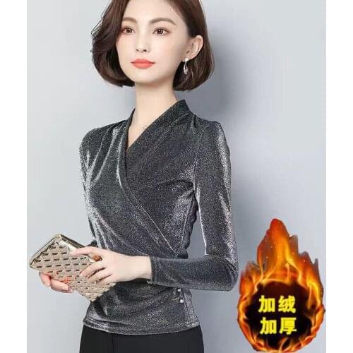 Autumn and Winter V-neck Long-Sleeved T-shirt Women Mesh Ladies Shiny Top