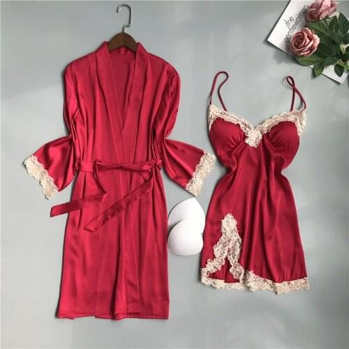 Sexy small chest gathered suspender silk pajamas Womens lace split open back private nightgown robe two piece set home clothes