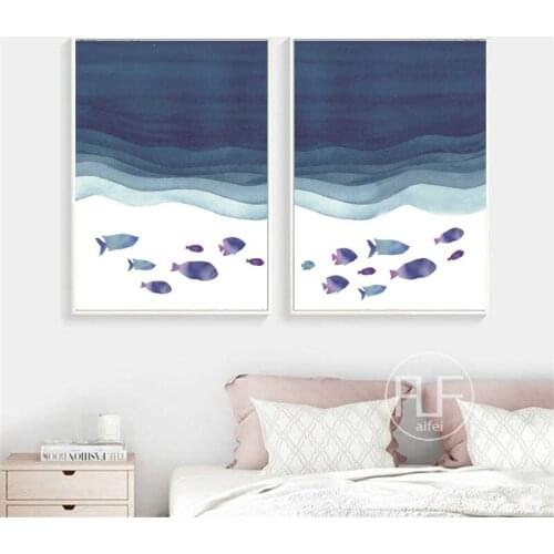 Simple Cartoon Blue Ocean Fish Group Decorative Painting Home Decor Nordic Poster Seascape Canvas Wall Pictures For Kid Room