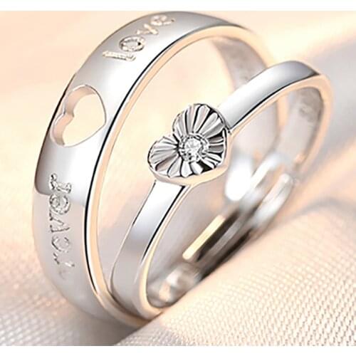 2pcs/Set Adjustable Heart-Shaped Letter Copper 30% Silver Plated Crystal Couple Ring Men Women Jewelry Wholesale Dropshipping