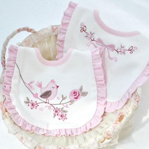 Cute Baby Bib for Grils Pink White Double Layer Cotton Embroidery Bird Bib Baby Accessories