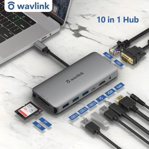 Wavlink USB Hub C HDMI Adapter 10 in 1 USB C to USB 3.0 Dock For Windows Mac USB-C Type C 3.1 Splitter USB C HUB 60W PD RJ45