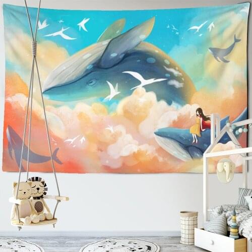 Japanese Whale Illustration Tapestry Wall Hanging Girl Sea Dragon Fish Bohemian Hippie Kawaii Carpet Childrens Room Decor