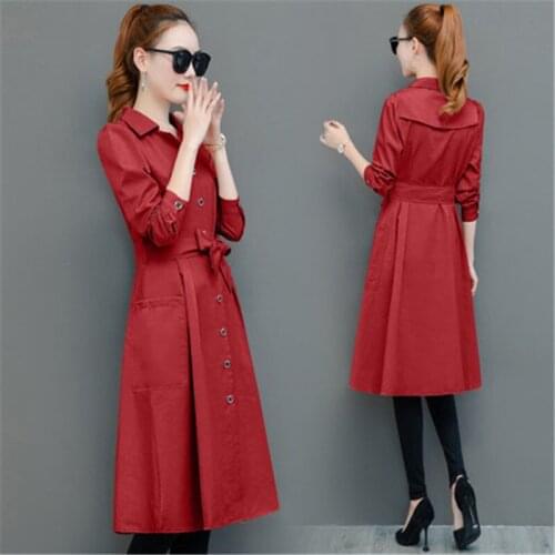 Ladies Red Slim Mid-length Windbreaker 2020 Spring Autumn Korean Solid Plus Size Single-breasted Trench Coat For Women 965