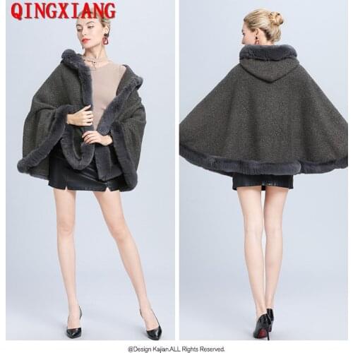 2020 Big Pendulum Women Winter Soft Grey Pashmina Fake Fox Fur Collar Loose Poncho Capes Granular Velvet Cardigan Coat With Hat