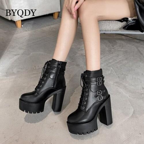 BYQDY Punk Women Platform Boots Round Toes Lace Up High Sqaure Heel Ankle Boots Black Combat Shoes Autumn Footwear 13CM Tube