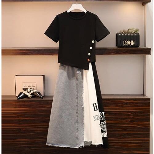 Womens Summer Suits New Fashion Short Sleeve Button T-Shirt + Patchwork Slim Letter Print Denim Skirt 2 Piece Set Age-Reducing
