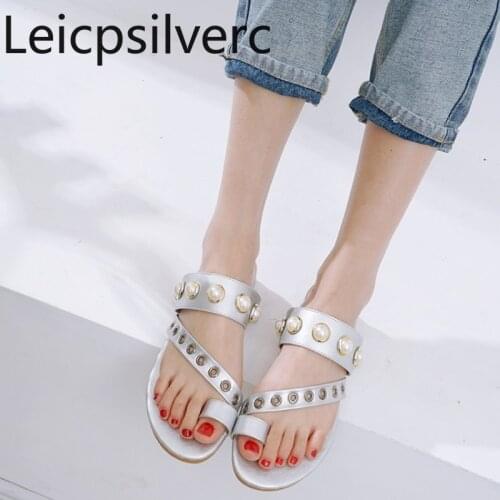 Womens Slippers summer The New fashion Open toe pearl Metal Decoration flat Womens shoes plus size 34-50