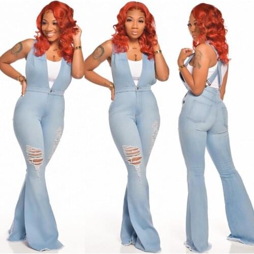 Womens Sexy Fashion Denim Slim Fit Strap Micro Flare Leggings Jumpsuit Fall 2020