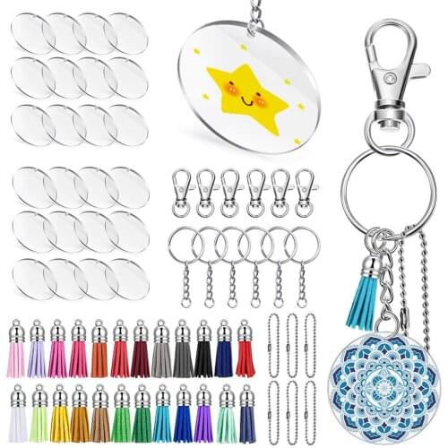 120Pcs Acrylic Transparent Circle Discs 2'' Diameter Round Clear Acrylic Keychain Blank Tassel Pendant Keyring Set for DIY Craft