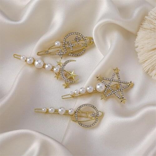 2021 Summer New Rhinestone Star Planet Hair Grips For Women Girls Fashion Hair Accessories Metallic Pearl Hairpins