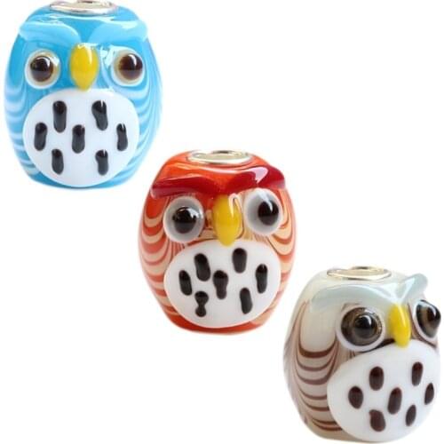 Emith Fla 925 Sterling Silver Large Hole Colorful 3D Animal Owl Murano Glass European Charm Beads Fit Brand Bracelet Jewelry DIY