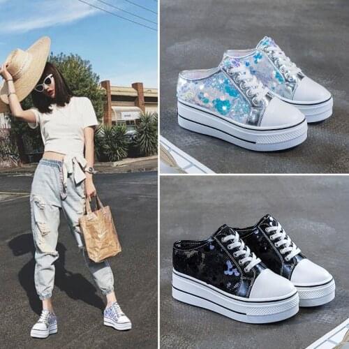 Designers Women High Platform Slippers Woman 9cm Wedges Shoes Ladies Outside sequins Casual White Chunky Sneakers 2021 Summer