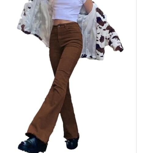 Spring Autumn Women Brown Bell Bottom Jeans Fashion Stretch skinny High Waist Tassel Denim Flare Pants Female Casual Black Jeans