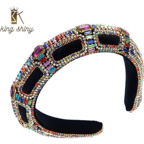King Shiny Gorgeous Baroque Full Rhinestone Headband Luxury Color Crystal Padded Hairband Girls Party Hair Accessory Tiara Bezel