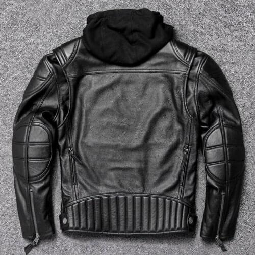 Mens Black Genuine Cowhide Leather Jacket With Hood, Motorcycle Leather Slim-Fit Jacket Autumn and Winter Jacket Coat Plus Size
