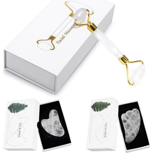 Rock Quartz Facial Roller Gua Sha Set Natural Real Crystal Reduce Wrinkles Anti Aging Skin Care Face Body Eyes Neck Massaerg