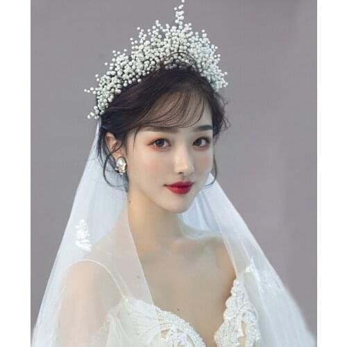 New Pearl Big Crown Wedding Tiara And Crownn Gorgeous Black Wire Handmade Headband Bridal Headpiece Vintage Jewelry