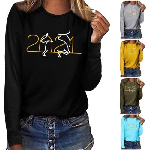 2021 New Style Womens Funny Fashion Leisure Style Autumn Winter Blouse New Year Wishes Printed Long Sleeve Tops Wholesale