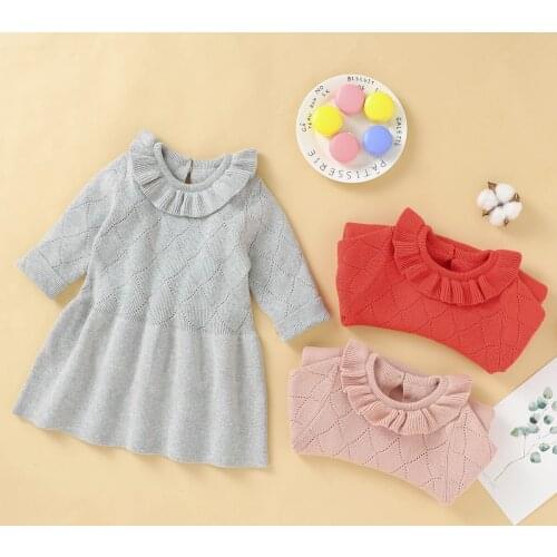 FOCUSNORM Autumn Winter Baby Girls Princess Sweater Dress Solid Knit Peter Pan Collar Ruffles A-Line Mini Dress