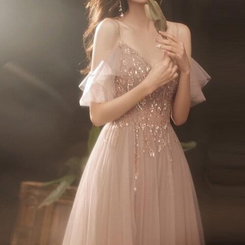 Sexy Prom Dresses Spaghetti Strap V-Neck Long A-line 2021 Luxuruy Exquisite Sequins Beading Lace Formal Party Evening Gowns New