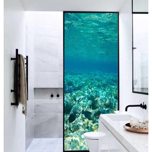 Window Film Privacy Ocean Non Adhesive Glass Sticker Sun Protection Heat Control Window Coverings Window Tint for Homedecor